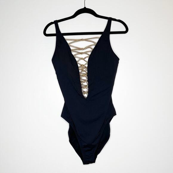 NEW Bleu Rod Beattie Lattice One Piece Swimsuit Women's Black Gold Size 12 - Picture 3 of 5